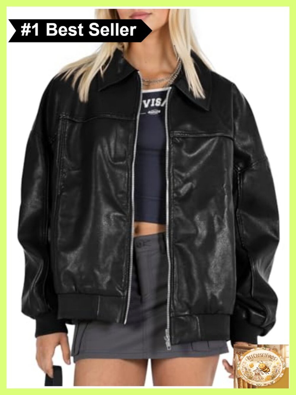 Faux Leather Oversized Bomber Moto Zip Jacket Coat